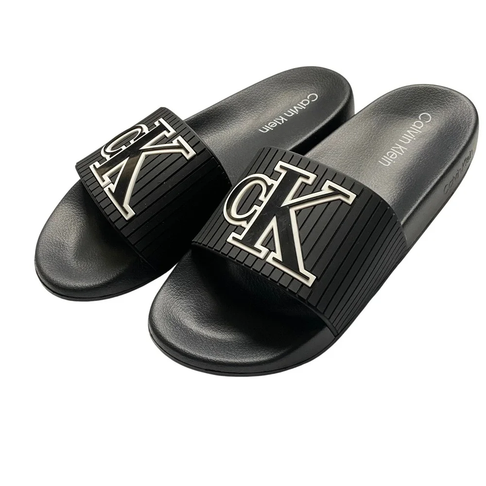 Calvin Klein Malonzo-C Ribbed Mens Black CK Logo‎ Slide Sandals Size 9 NWOT